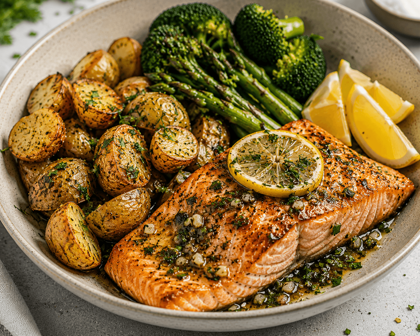 Lemon Herb Marinated Salmon & Potatoes